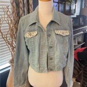 Blue Cropped Jean Jacket with Decorative Panels